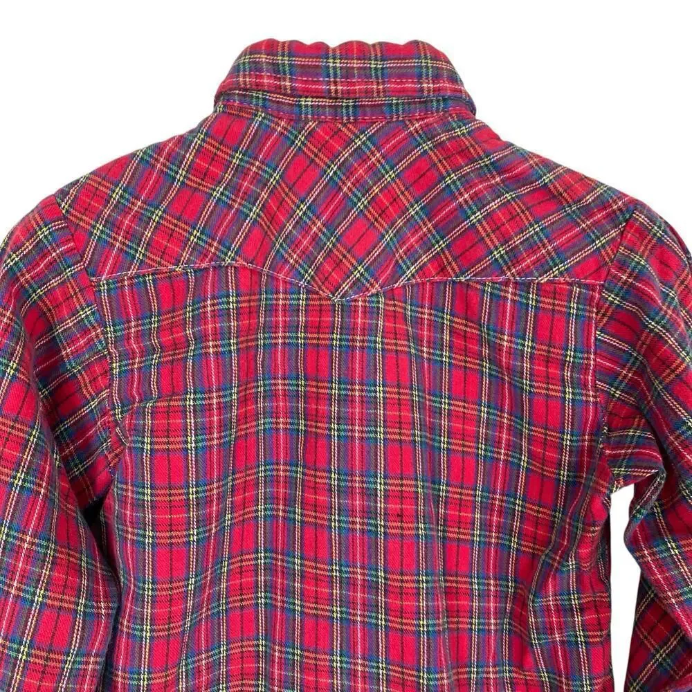 Levis Kids Vtg 90s Pearl Snap Western Button Down Shirt Red Plaid Made in USA